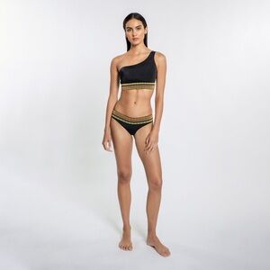 NWT Peixoto Zoni Bikini Bottom Colorful Embroidered Trim Black Bottom-Size Large